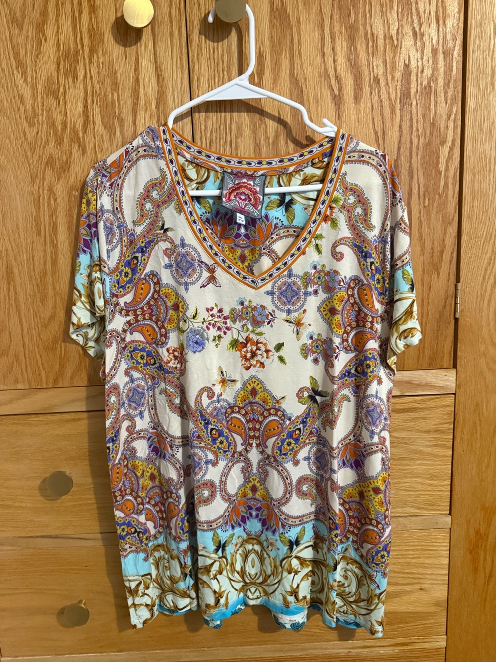 Floral Paisley V-Neck Women’s Top in Cream and Multi XXL